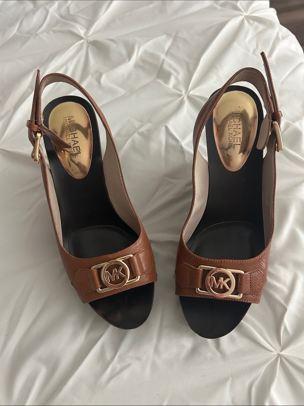 Michael Kors Brown Leather MK Logo Open-Toe Slingback Heels